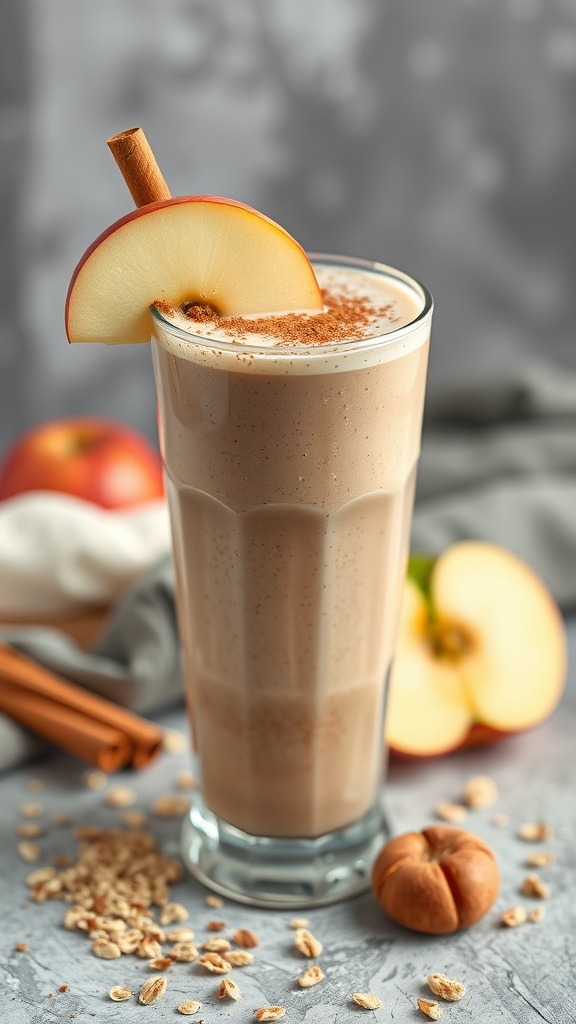 A refreshing Apple Cinnamon Oatmeal Smoothie in a glass with a slice of apple and cinnamon stick on top.