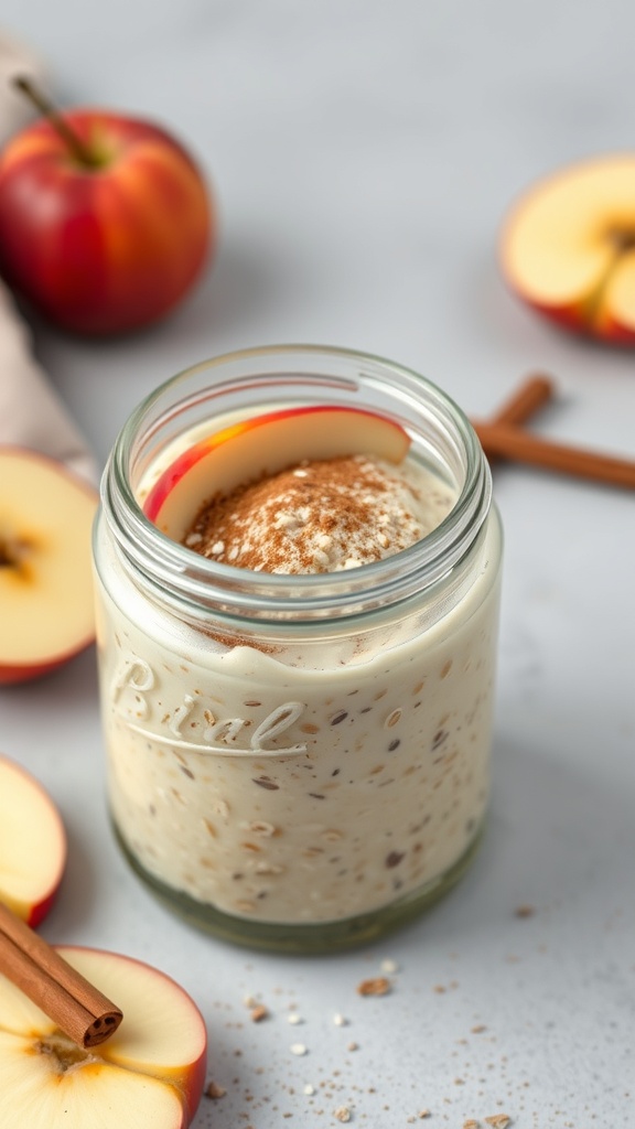 A jar of apple cinnamon overnight oats with sliced apples and cinnamon sticks in the background.
