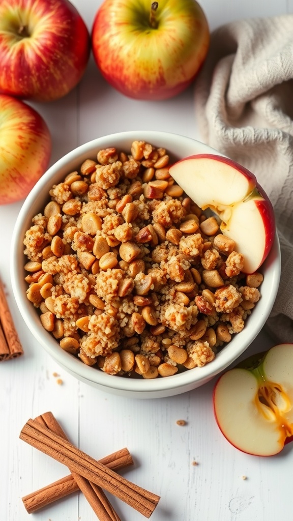 A delicious bowl of apple cinnamon quinoa bake with fresh apples and cinnamon sticks.