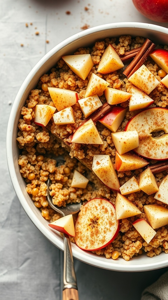 A delicious serving of Apple Cinnamon Quinoa Bake topped with diced apples and walnuts.