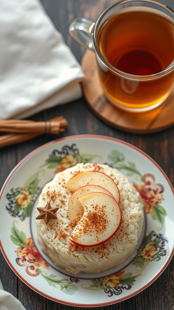 A rice cake topped with apple slices and cinnamon on a floral plate.