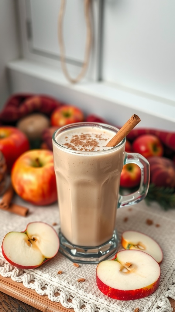 A refreshing apple cinnamon smoothie in a glass, garnished with a cinnamon stick, surrounded by fresh apples.