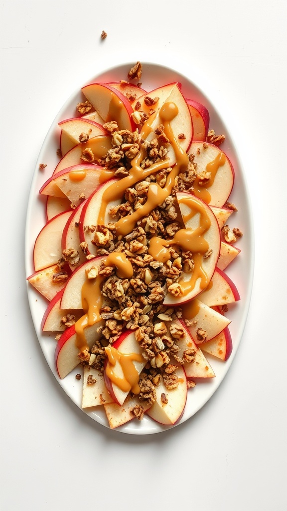 A plate of apple slices topped with almond butter, granola, and drizzled honey.