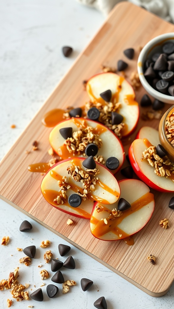 Apple nachos topped with nut butter, granola, and chocolate chips on a wooden board.