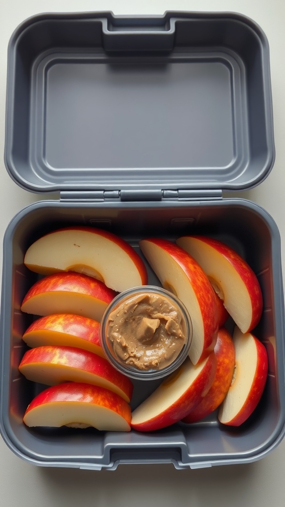 A lunchbox containing sliced apples and almond butter