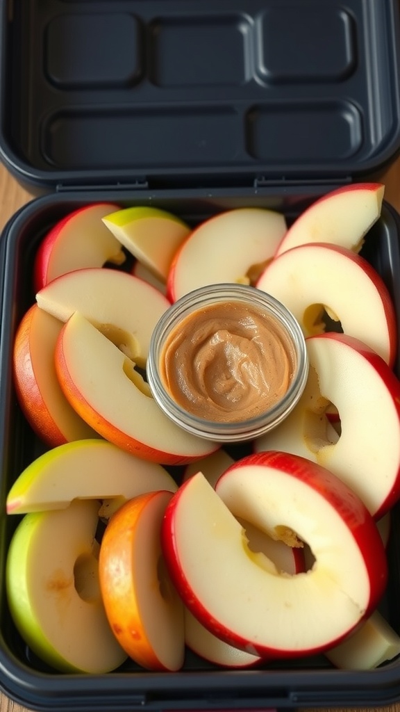 A lunchbox filled with apple slices and a small container of almond butter.
