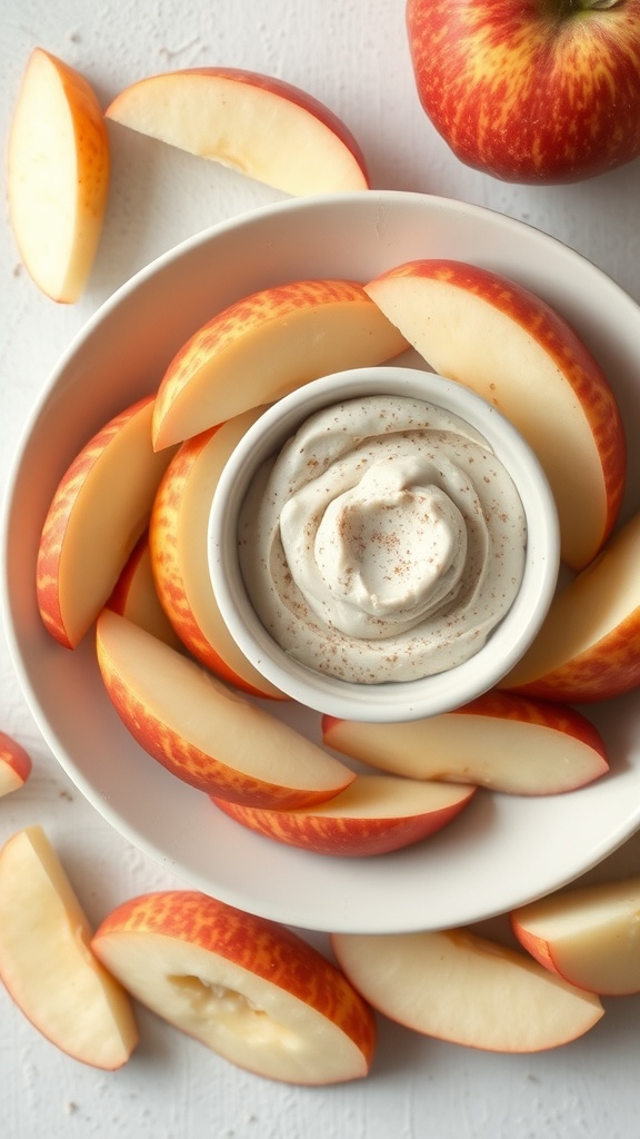 Apple slices arranged around a bowl of cinnamon almond dip
