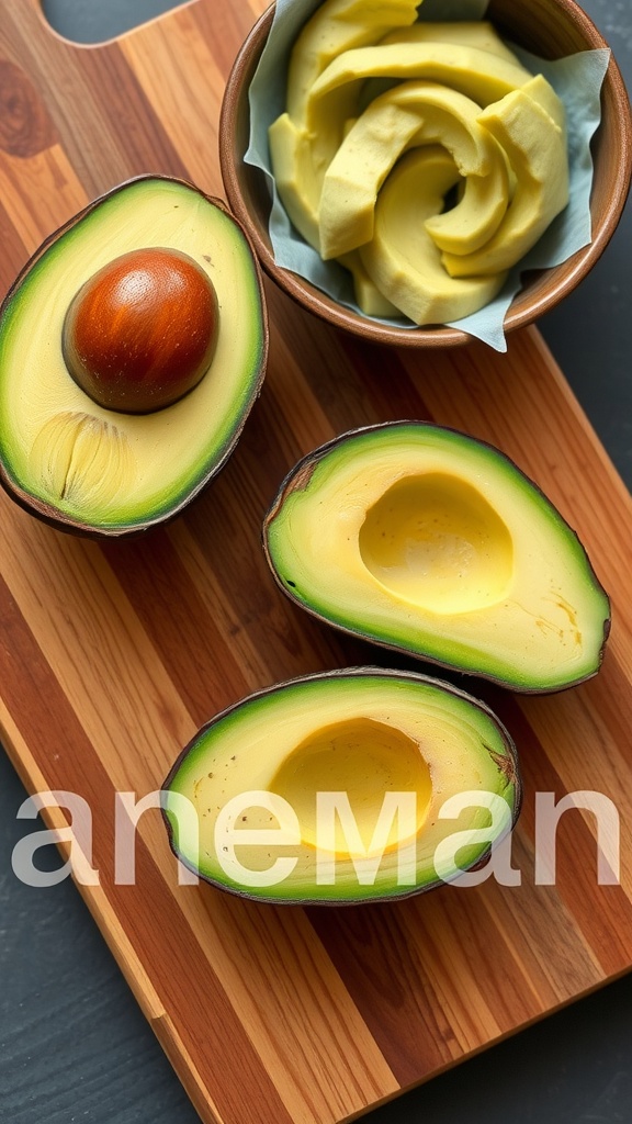 Cut avocado on a wooden board with slices in a bowl