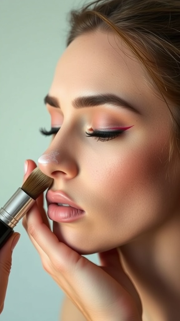 A close-up of a person applying primer to their nose using a makeup brush.