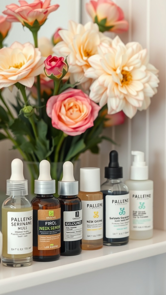 An assortment of facial serums displayed alongside beautiful flowers, showcasing various skincare options.