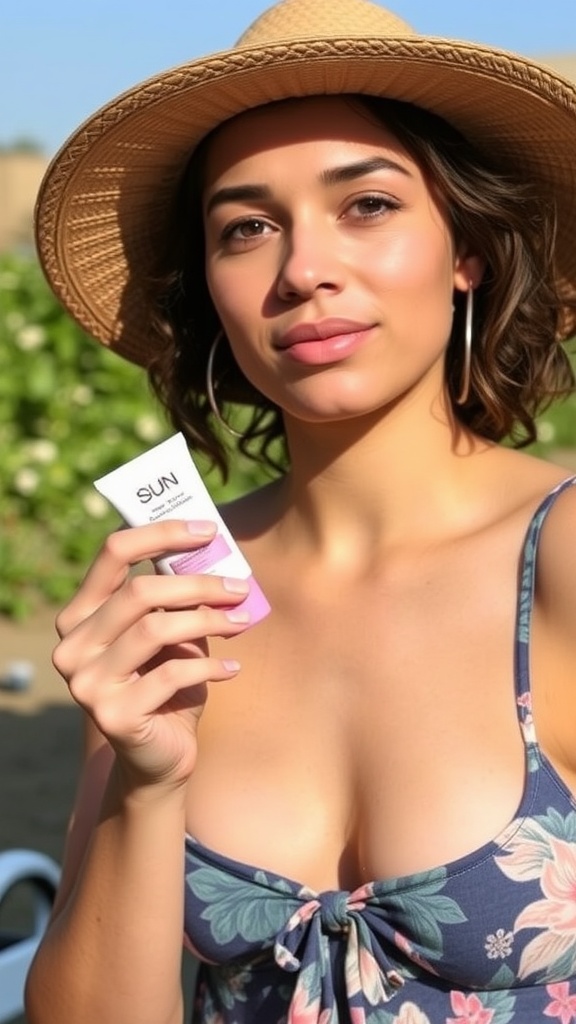 Person holding sunscreen tube while wearing a straw hat