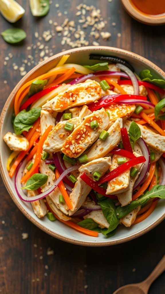 A bowl of Asian Chicken Salad with colorful vegetables and sliced chicken