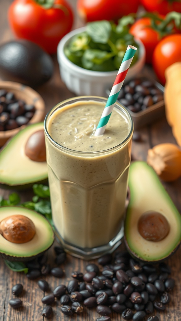 A refreshing avocado and black bean smoothie in a glass with a straw, surrounded by fresh ingredients.
