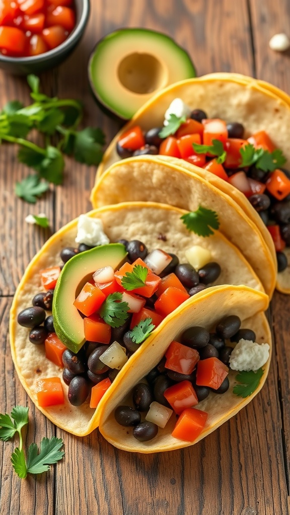 Avocado and black bean tacos with fresh toppings