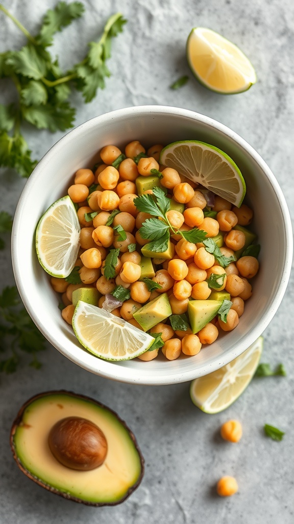 A bowl of avocado and chickpea salad with lime and cilantro.