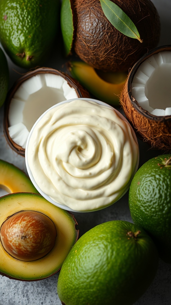 A bowl of creamy avocado and coconut hydrating cream surrounded by fresh avocados and coconuts.