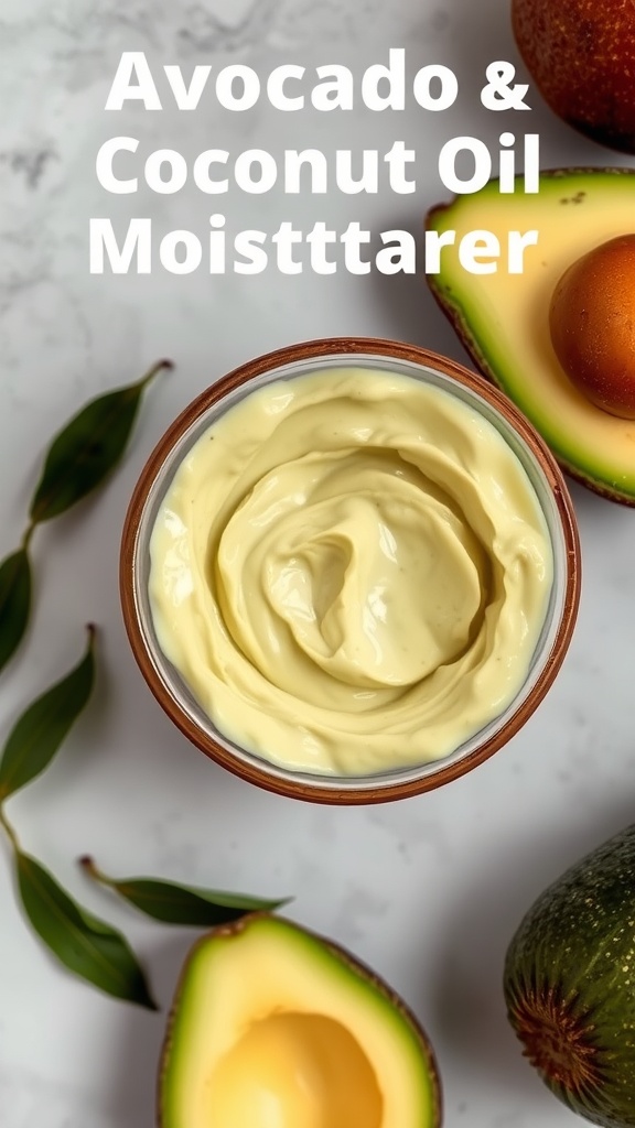 A creamy avocado and coconut oil moisturizer in a bowl, with fresh avocados and leaves around it.