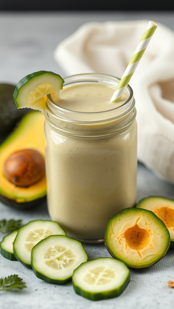 A refreshing avocado and cucumber smoothie in a glass with a straw, garnished with cucumber slices.