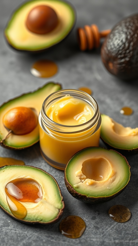 A jar of avocado and honey moisturizing balm surrounded by halved avocados and honey drizzles.