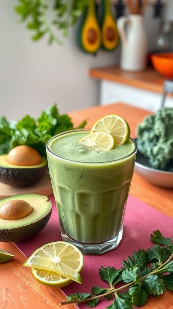 A refreshing Avocado and Kale Smoothie with lime slices on top.