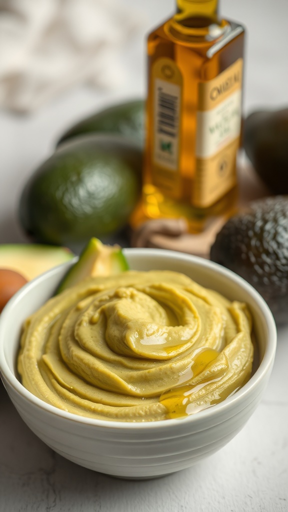 A bowl of creamy avocado and olive oil hair treatment, surrounded by avocados and a bottle of olive oil.