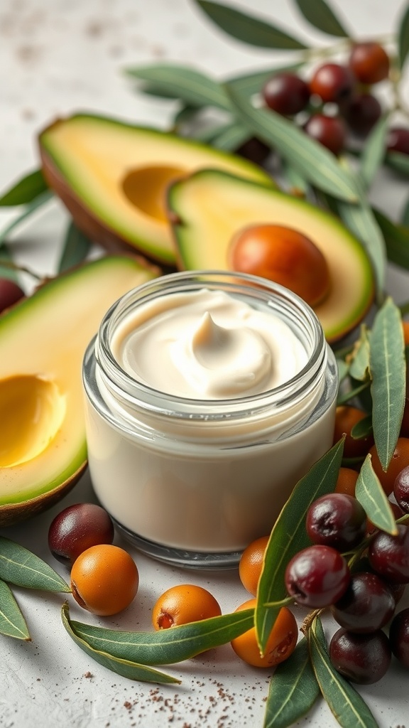 A jar of creamy hydration cream surrounded by fresh avocados and olives, showcasing the key ingredients for DIY skincare.