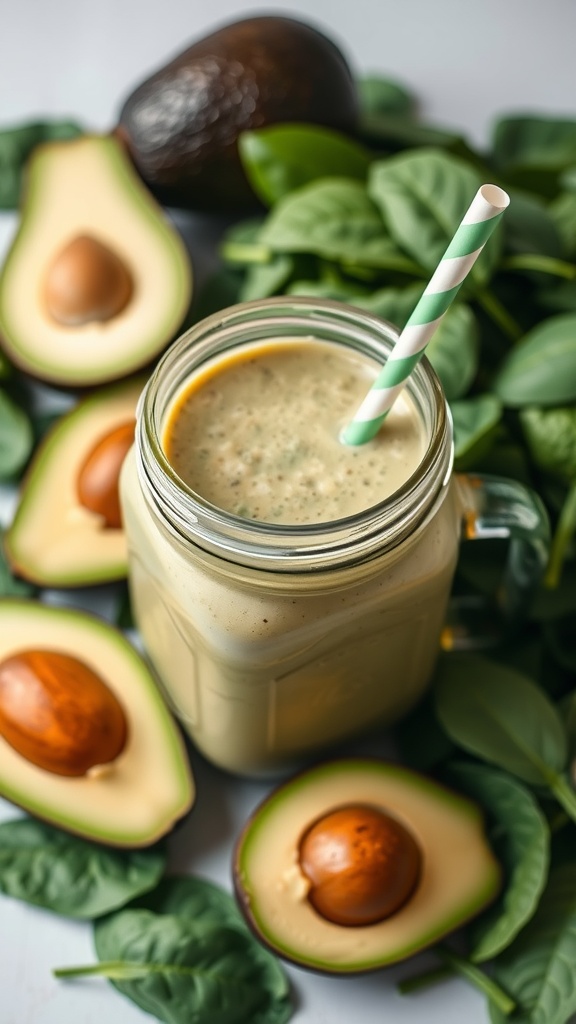 A creamy green smoothie made with avocado and spinach, garnished with a striped straw.