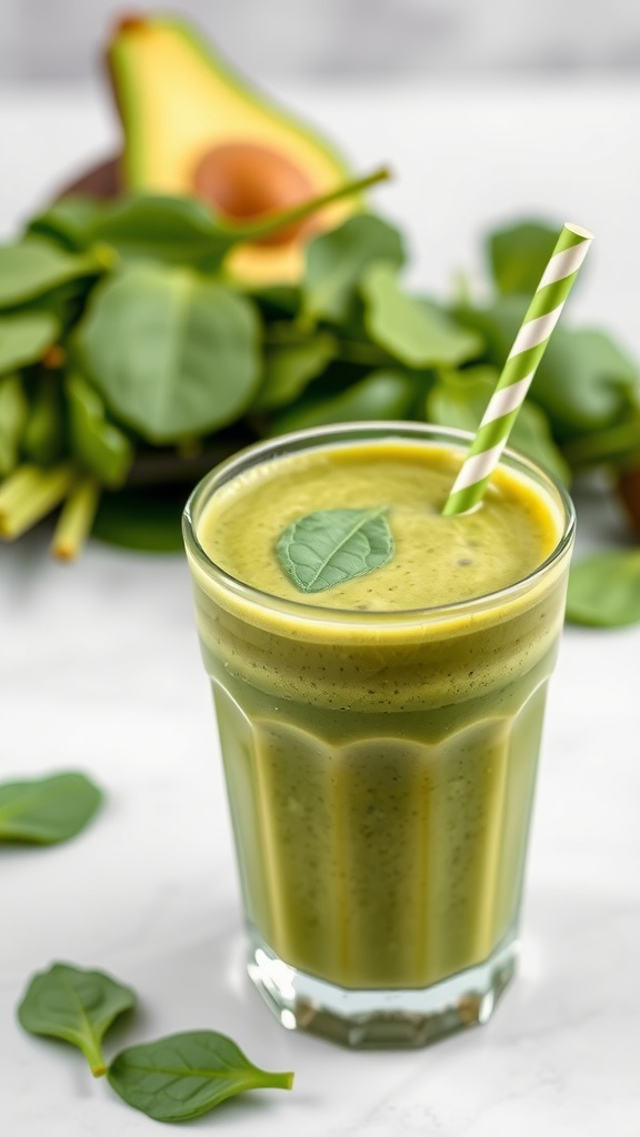 A refreshing green avocado and spinach smoothie in a glass, with a straw and a garnish of spinach leaf.