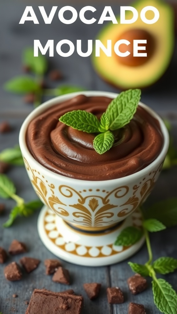 A delicious serving of avocado chocolate mousse topped with mint leaves.