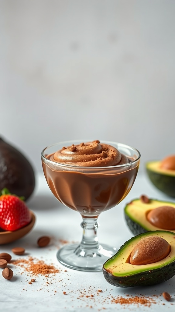 A glass of creamy avocado chocolate mousse garnished with a swirl on top, surrounded by fresh avocados and strawberries.