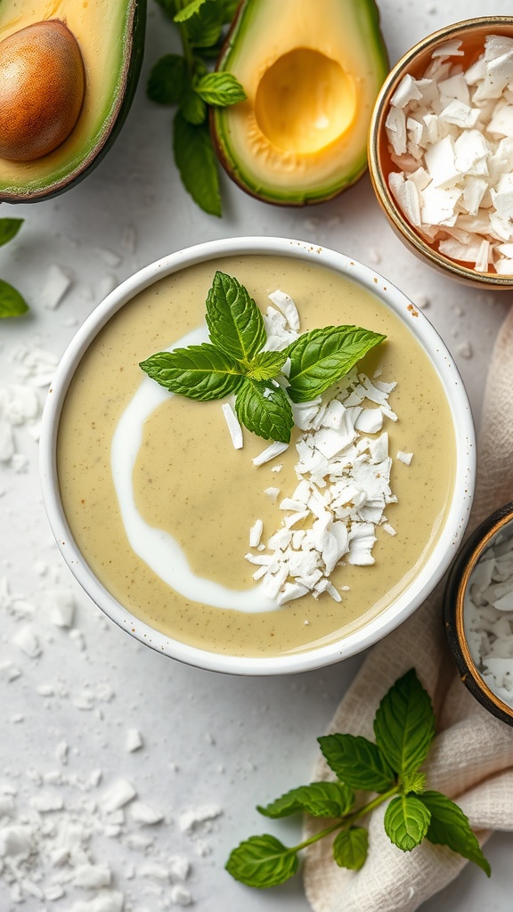 A creamy avocado coconut smoothie topped with mint leaves and shredded coconut.
