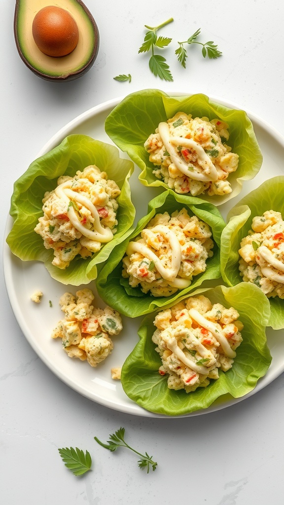 A plate of avocado egg salad lettuce cups, garnished with cilantro, with an avocado and an egg in the background.