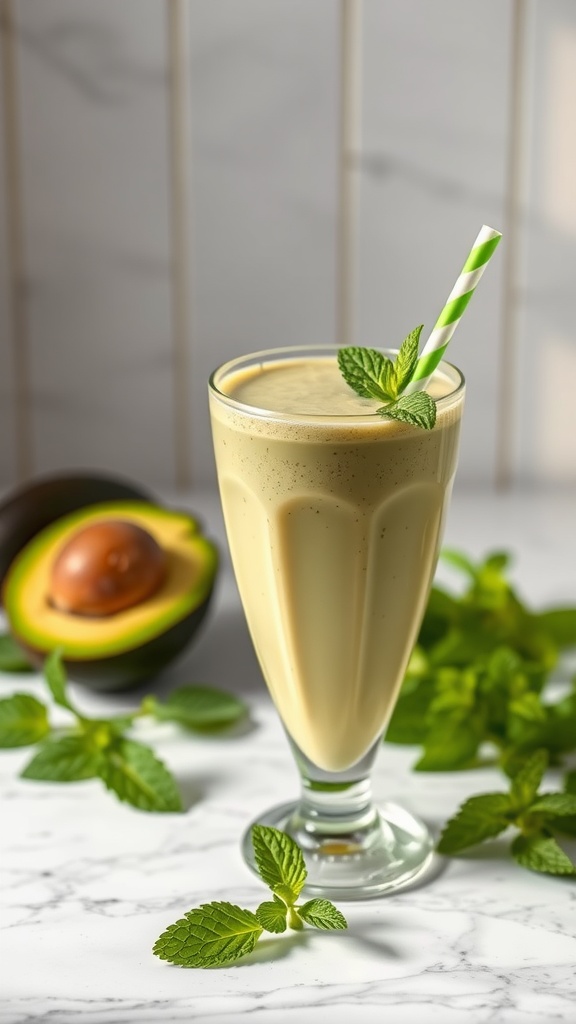 A refreshing avocado mint cream smoothie garnished with fresh mint leaves.
