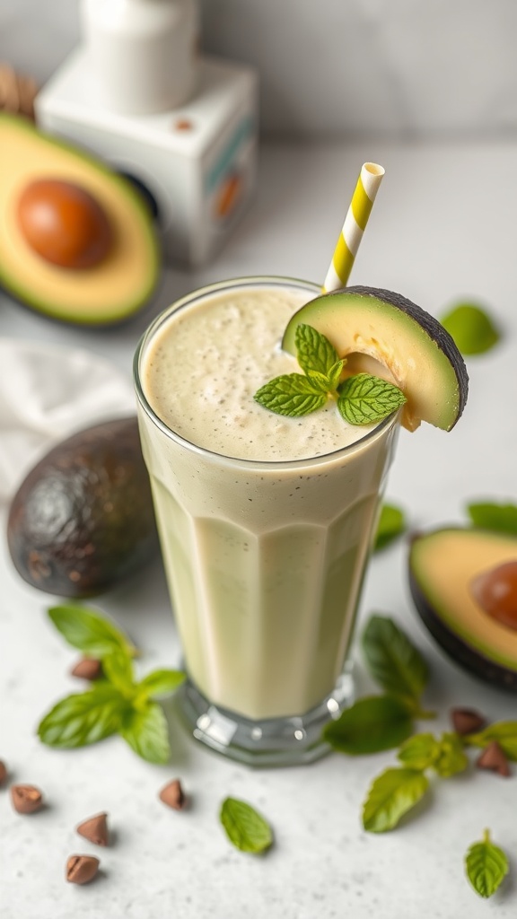 A refreshing avocado mint smoothie in a glass with a straw