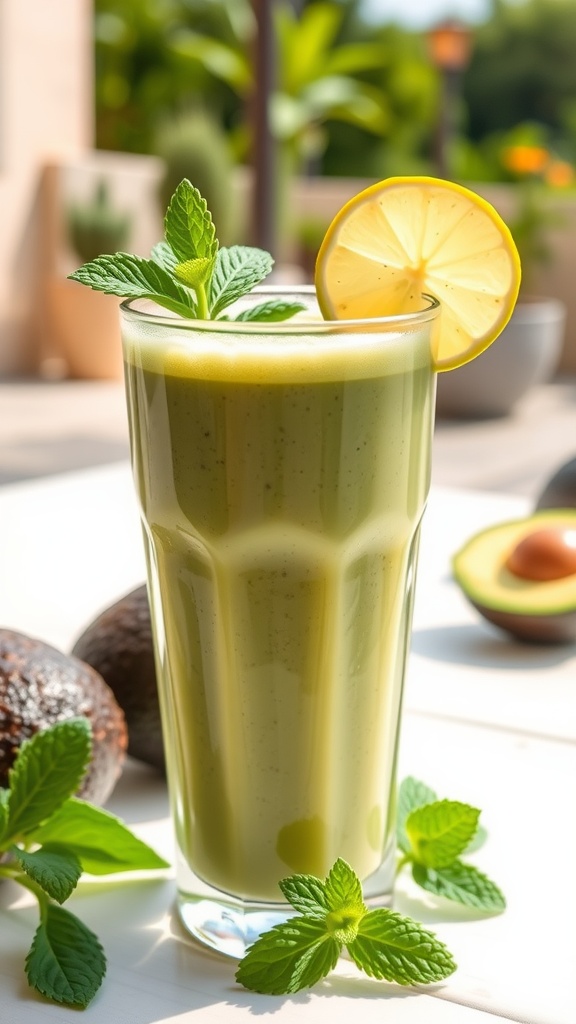 Avocado Mint Refreshing Smoothie in a glass with a lemon slice and mint garnish