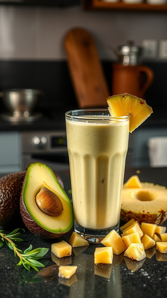 A creamy avocado pineapple smoothie in a tall glass surrounded by fresh ingredients.