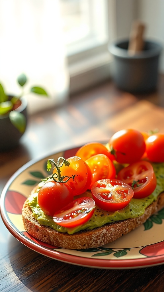 Avocado toast topped with fresh cherry tomatoes on a decorative plate.