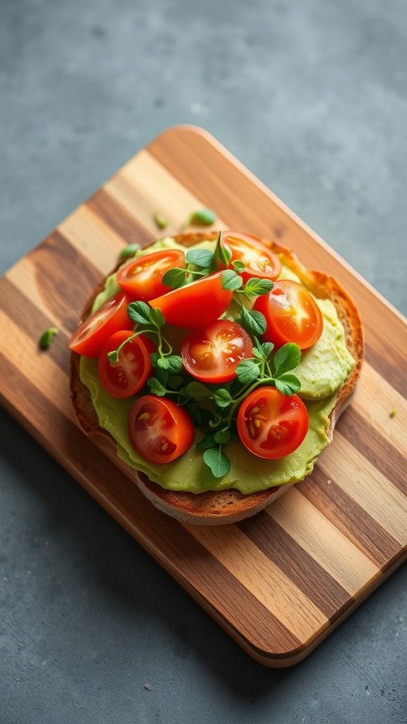 Avocado toast topped with cherry tomatoes on a wooden cutting board