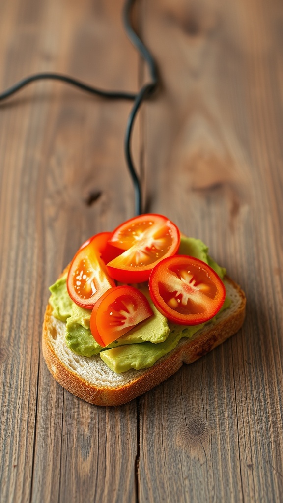 A slice of bread topped with mashed avocado and sliced tomatoes on a wooden table.