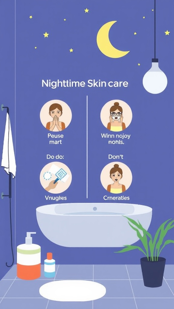 Illustration showing nighttime skincare do's and don'ts in a bathroom setting.