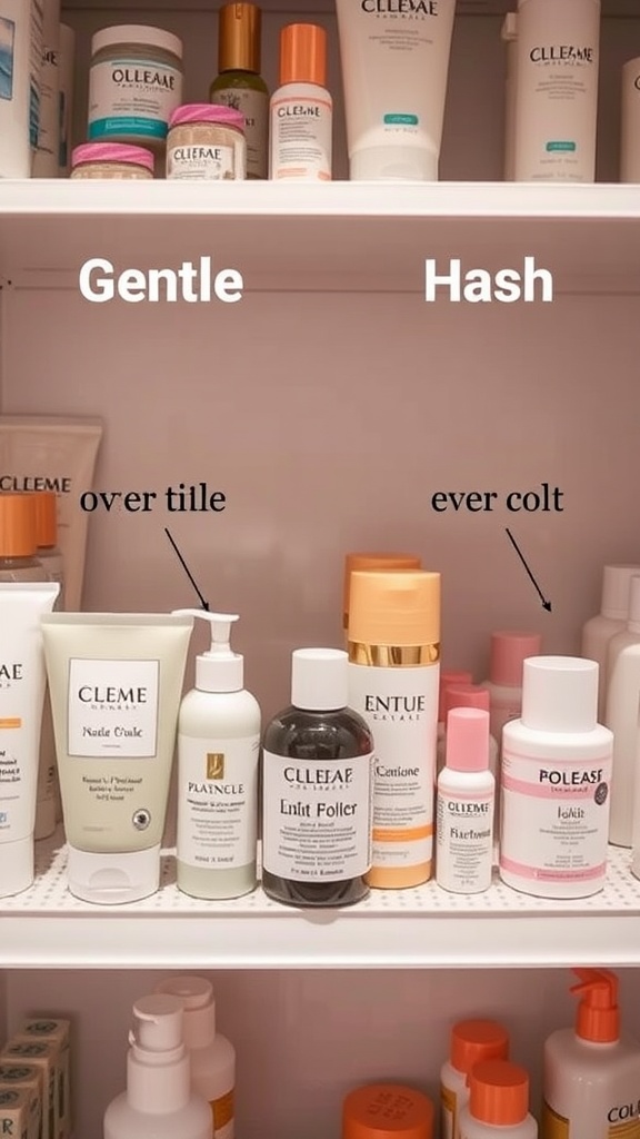 Comparison of gentle and harsh exfoliants on a shelf, labeled accordingly