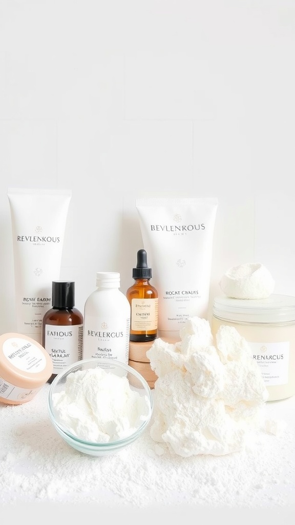A variety of gentle skincare products displayed, including creams, oils, and powders for dry skin care.