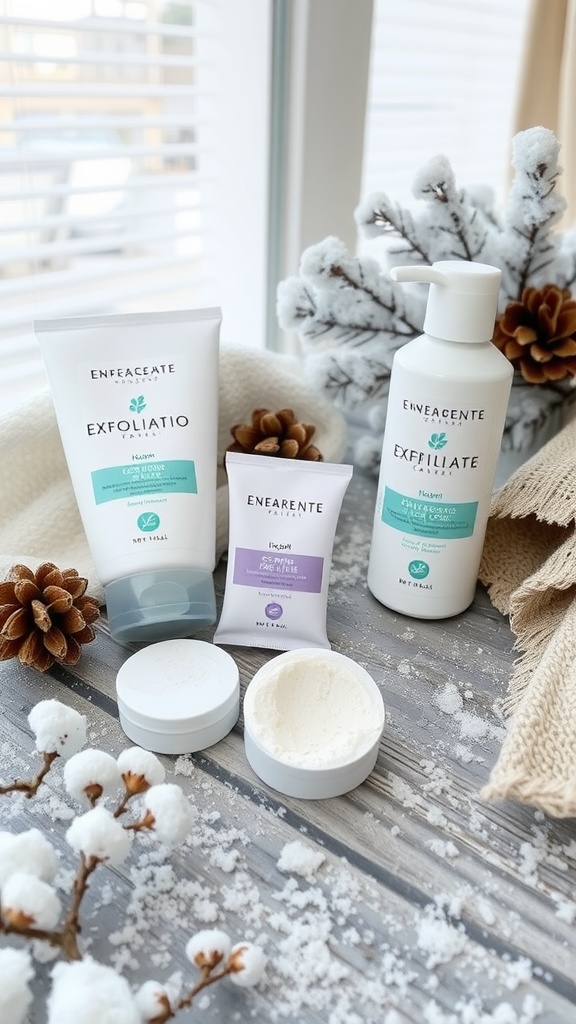 A selection of skincare products for gentle exfoliation, displayed on a wooden surface with pine cones and cotton balls.