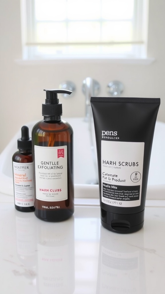 A display of skincare products including a gentle exfoliating solution and serums on a bathroom countertop.