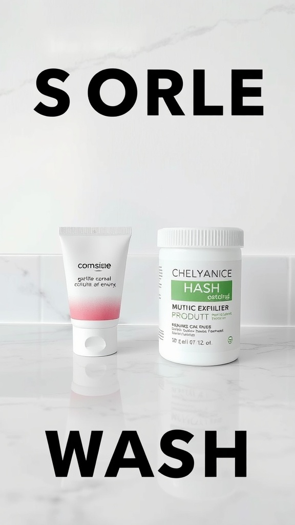 Two skincare products on a marble surface, one labeled as a gentle exfoliant and the other as a cleanser.