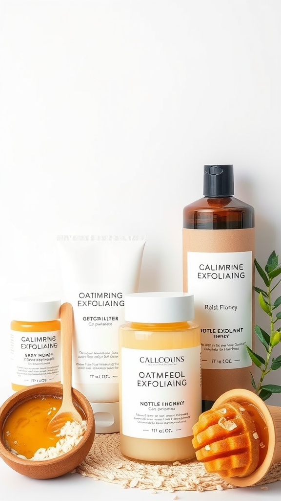 A display of various exfoliating skincare products, including honey and oatmeal-based exfoliants.