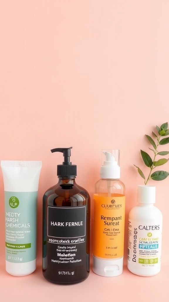 A collection of skincare products on a pink background, showcasing different labels and textures.
