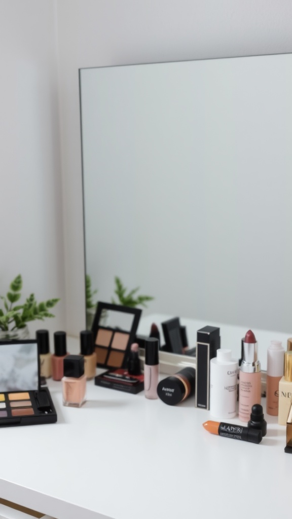 Makeup products displayed on a vanity table, including lipsticks, foundations, and eyeshadow palettes.