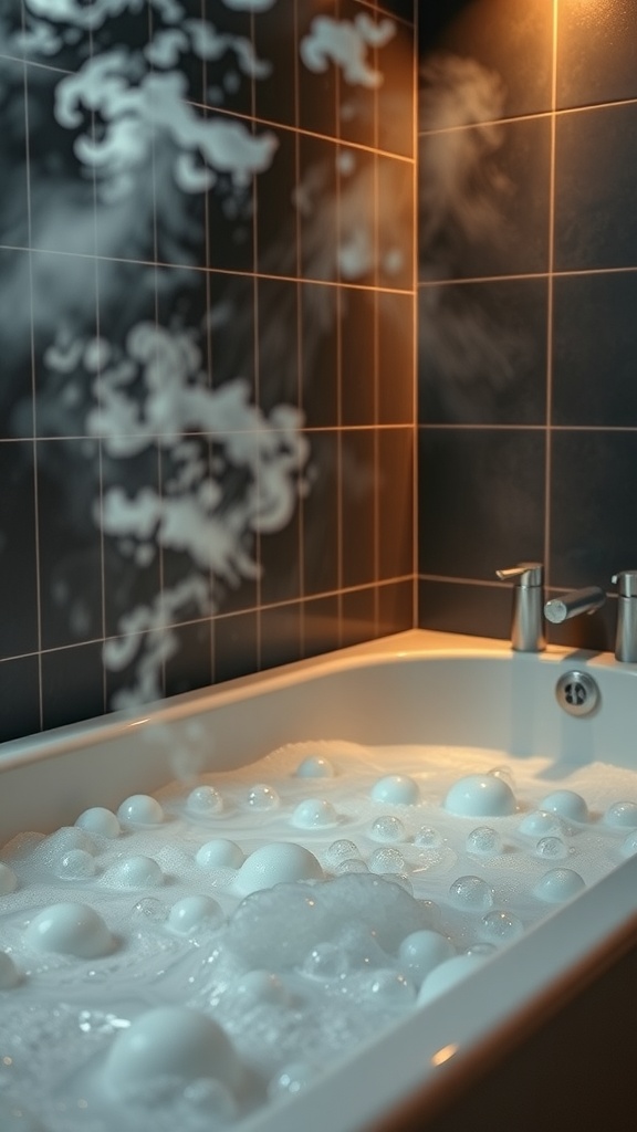 A cozy bathtub filled with bubbles and steam