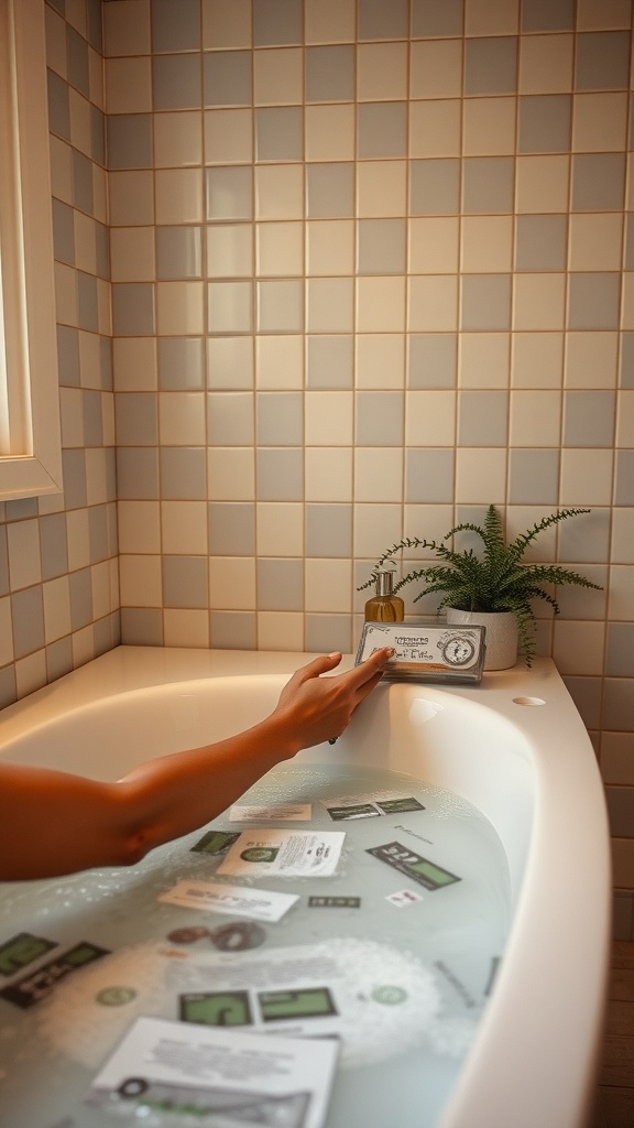 A hand reaching for skincare products over a bathtub filled with water, illustrating a calming bathing experience.